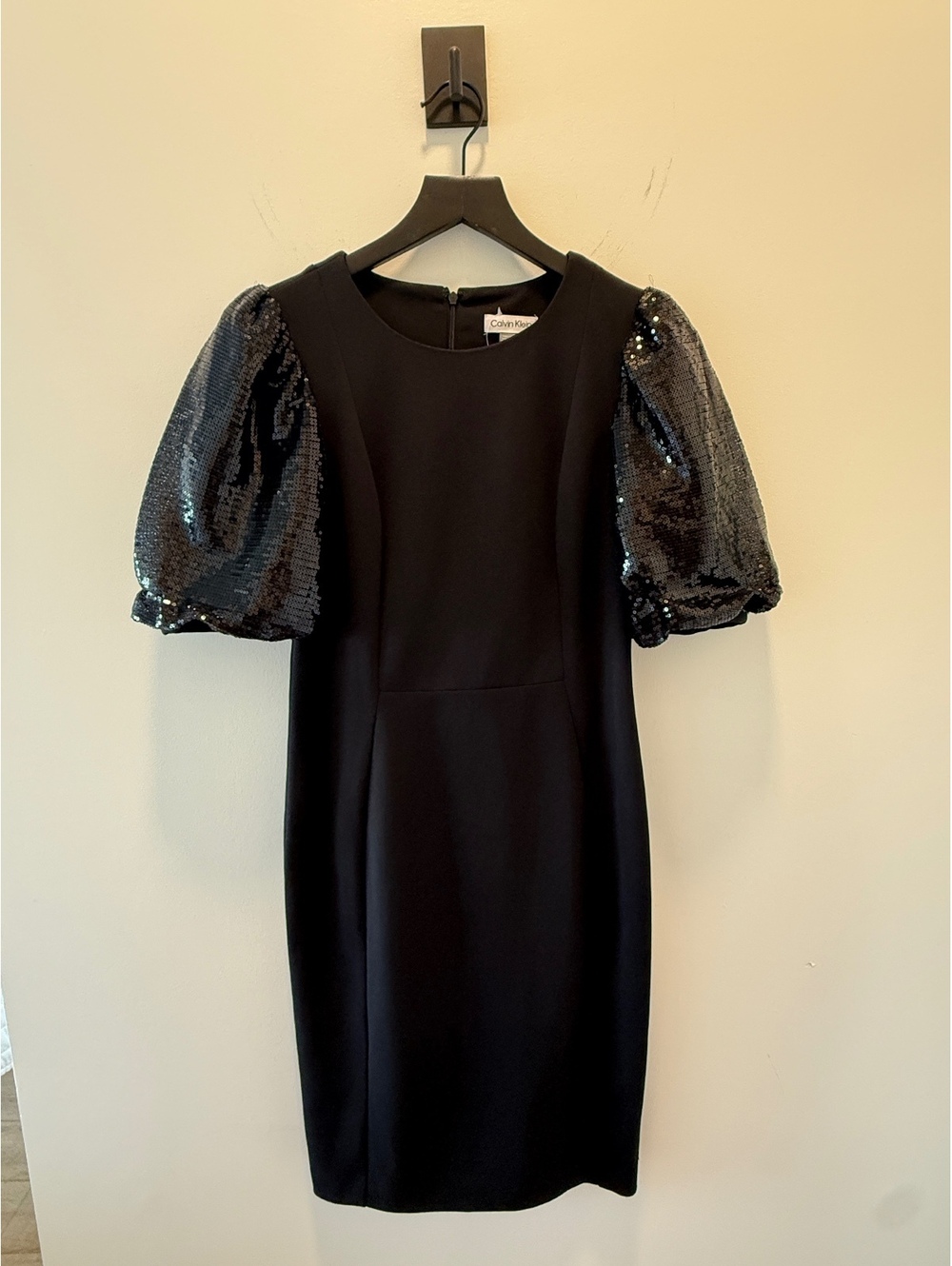 Calvin Klein Black Dress with Sequin Puff Sleeves | Size 4